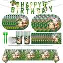 Dinosaur Theme Birthday Party Supplies Dinosaur Party Decoration Includes Plates Napkins Cups Forks Dino Banner Tablecloths Tableware for Birthday, Serves 24 Guests Total 122 Pcs