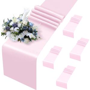 MILVOWOC 5 Pack Light Pink Satin Table Runners, 12 x 108 Inch Bright Satin Silk Table Runner Smooth Fabric Decorative Table Runner for Wedding Banquet Party Birthday Graduation