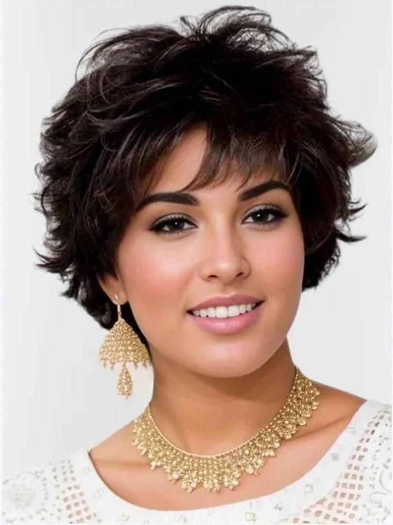 TISHINING Black Short Curly Wigs for white Women Shaggy Layered Black Pixie Cut Wig with Bangs Natural Looking Heat Synthetic Hair Replacement Wigs for Daily Party Use