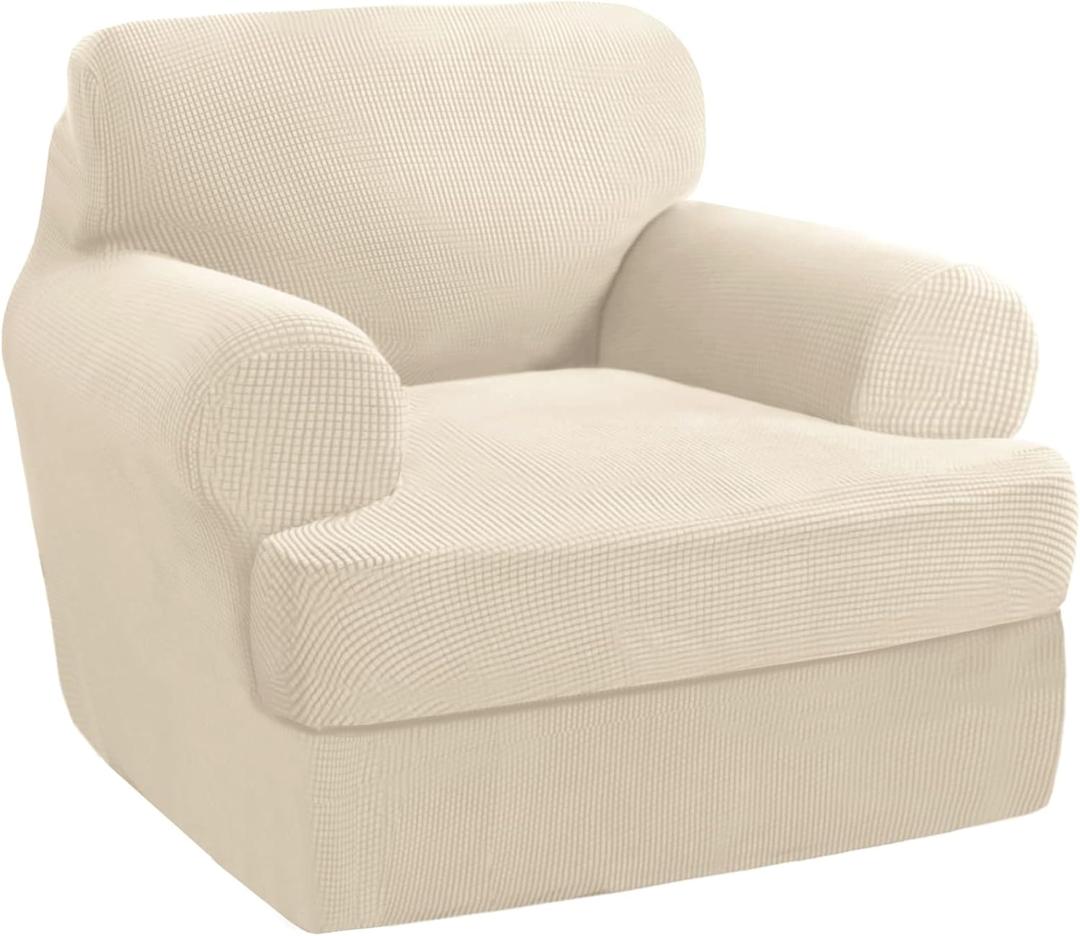 PrinceDeco 2 Pieces Armchair Slipcover Stretch Couch Covers for T Cushion Chair Slipcovers Soft Arm Chiar Cover Furniture Covers with 1 Individual T Shape Seat Covers Width Up to 40", Natural
