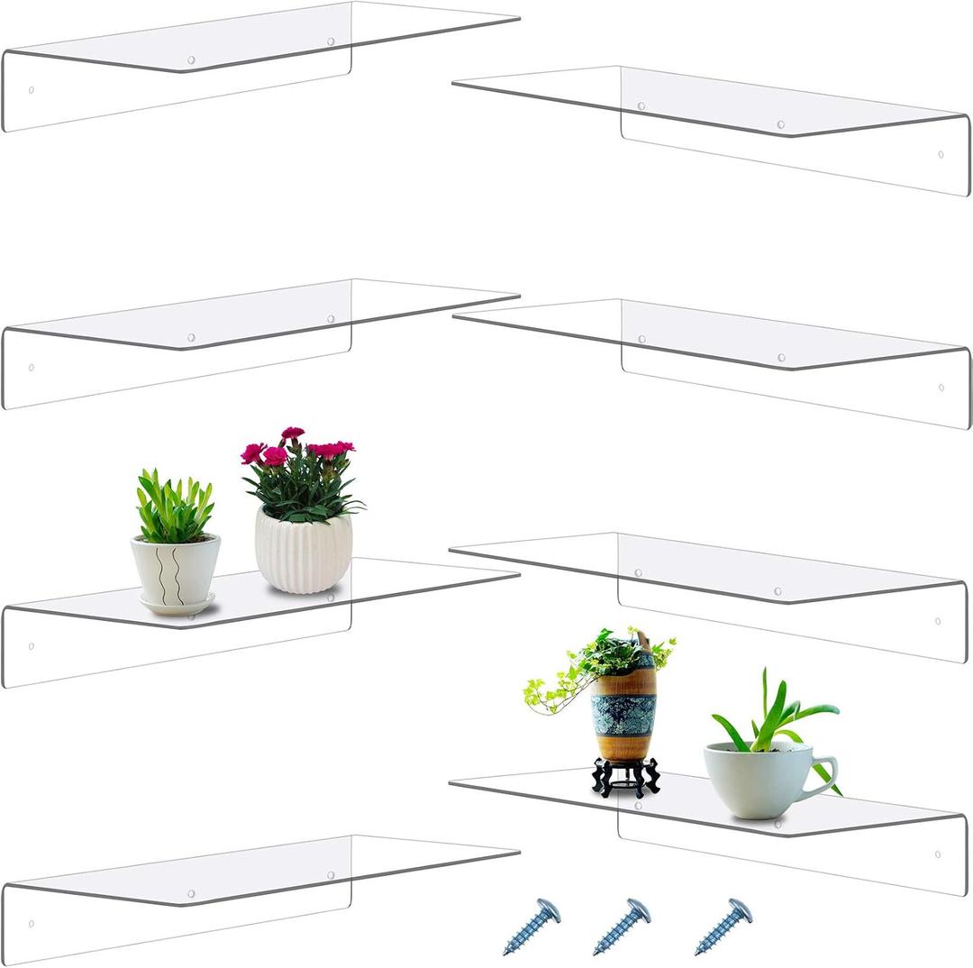 Blulu 8 Pieces Acrylic Floating Shelf, Invisible Wall Mounted Shelf for Book Photo Picture Makeup Record Display in Living Room, Bathroom, Bedroom, Kitchen, Office(Clear, 14 x 5 x 2 Inches) 