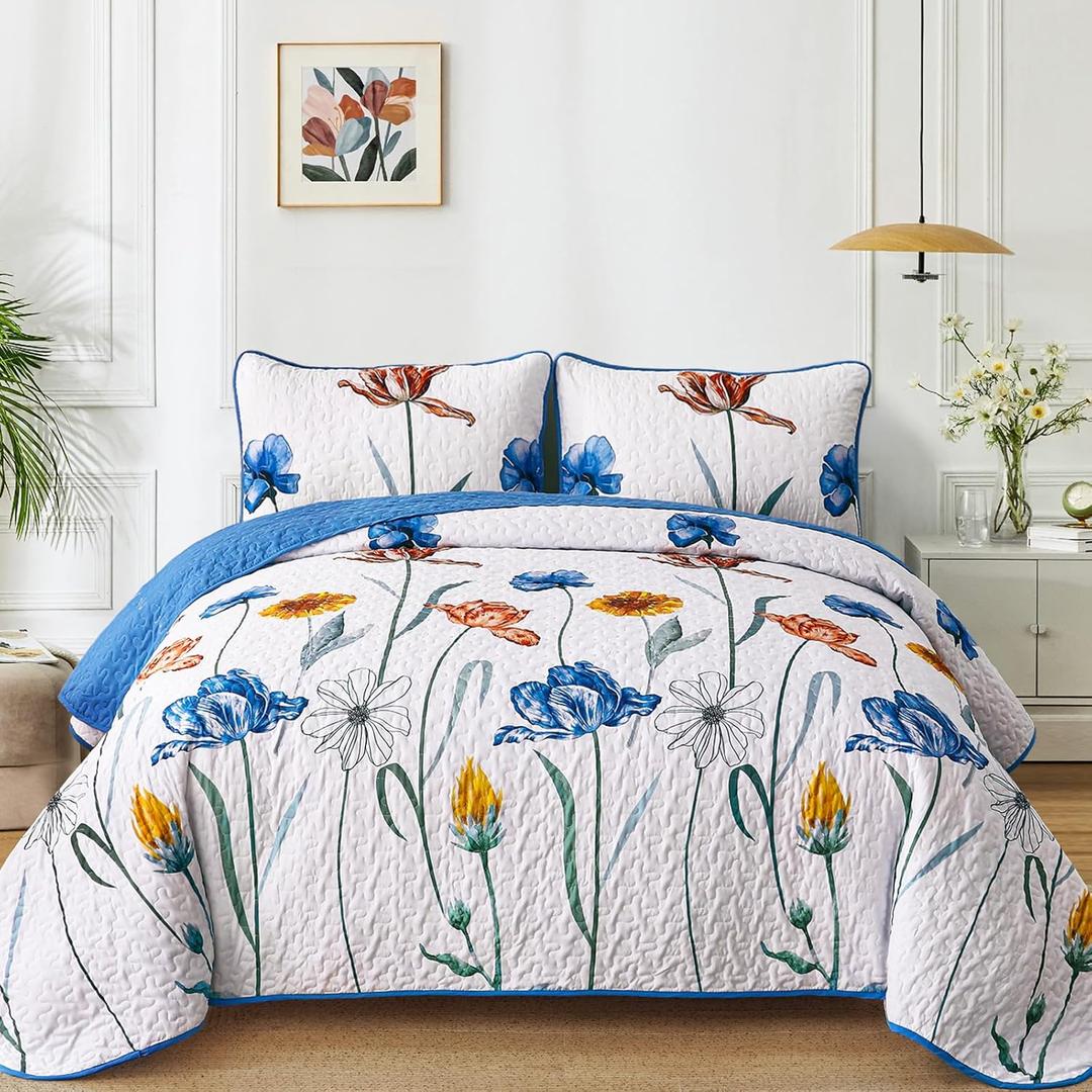 WONGS BEDDING Blue Quilt Set King Size,Cute Floral Botanical Bedspread Bedding Set with 2 Pillowcase,Spring Summer Lightweight Farmhouse Coverlet Set for All Season (104"x90")