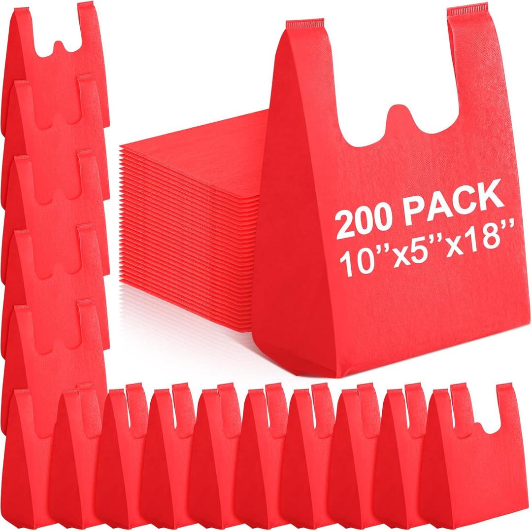 Windyun Reusable Grocery T Shirt Bags Bulk Small Non Woven Shopping Bag 10 x 18 x 5 Inch Foldable Tote with Handle Party Gift (Red)
