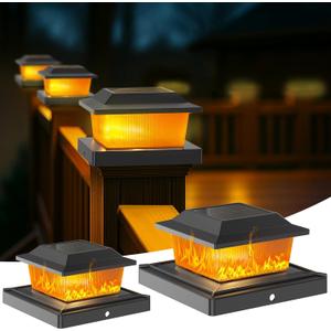 Solar Post Cap Lights Outdoor for 3.5x3.5 4x4 5x5 Wood/Vinyl Posts, 12 Pack Fence Post Solar Lights with Flickering Flame & Warm Modes for Deck/Garden/Patio, IP65 Waterproof - Black