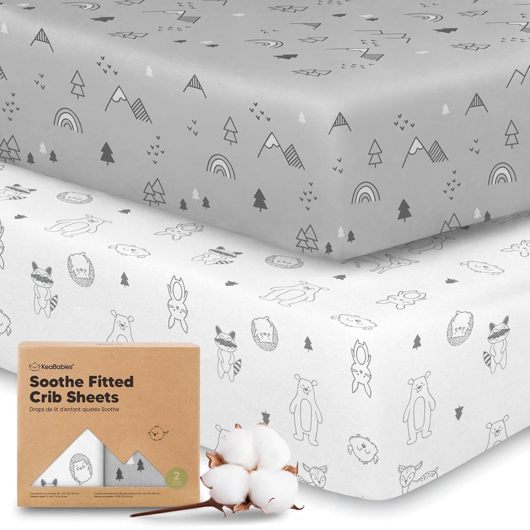 KeaBabies 2-Pack Organic Crib Sheets for Boys, Girls - 52x28 Fitted Crib Mattress Sheet Neutral, Breathable Jersey Cotton Cover for Baby Bed, Toddler Mattress, Soft & Cute Prints (Woodland)