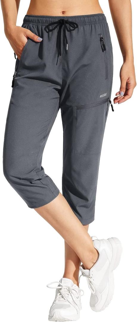 MOCOLY Women's Cargo Hiking Pants Elastic Waist Quick Dry Lightweight Outdoor Water Resistant UPF 50+ Long Pants Zipper (3X-Large, Capri-grey)