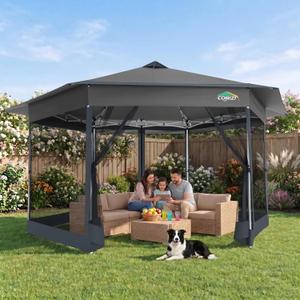 COBIZI 16x16 Pop Up Gazebo Tent with Mosquito Netting, Gazebos on Clearance, Hexagonal Outdoor Canopy Shelter, Patented Center Lock 6-Sided Portable Gazebos, Pop Up Canopy Tent for Backyard, Gray