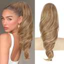 Lommel Ponytail Extension 18Inch Claw Clip Ponytail Extension Brown with Golden Highlights Wavy Curly Claw Clip in Ponytail Hair Extensions, Natural Fake Ponytail Synthetic Hairpiece for Women