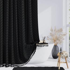 Dynamene Stall Fabric Shower Curtain, 48 Inch Wide Boho Farmhouse Tufted Chevron Striped Tassel Shower Curtain for Bathroom, Minimalist Ruffled Textured Cloth Shower Curtain Set, 8 Hook, 48x72, Black