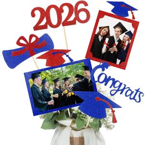 Qinyoung 2026 Graduation Decorations 30 Pcs Glittering Graduation Centerpiece for Tables Sticks Class of 2026 Grad Photo Centerpiece Party Decoration for Table Toppers(Blue Red)