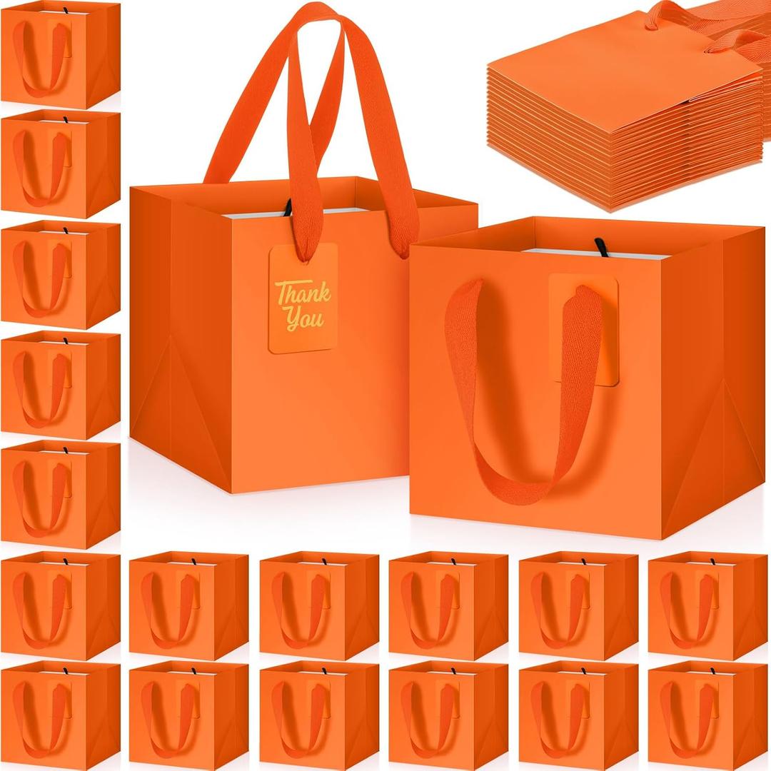 Windyun 50 Pcs Mini Paper Gift Bags with Handle Square Small Favor Bag with DIY Thank You Tag for Christmas Birthday Wedding Bridal Shower Bridesmaid Graduation Party, 6 x 6 x 6'' (Orange)