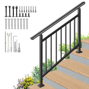 Upgrade Handrails for Outdoor Steps, Adjustable 4 Step Stair Railing Kit, Easy DIY Installation Kit Included, Black Wrought Iron Hand Rails for Outdoor Steps, 2 in 1 Stair&Horizontal Railing