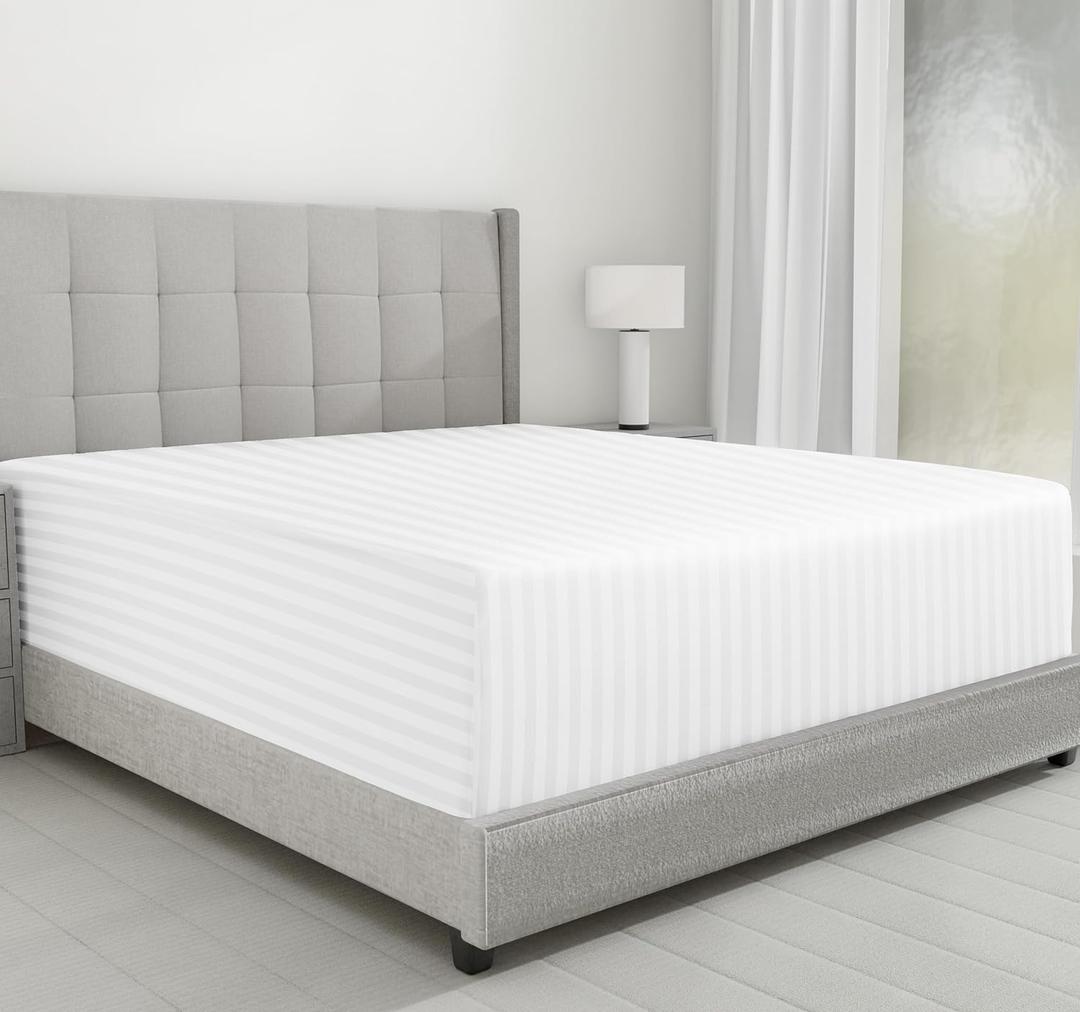 California Design Den Cotton Sateen Damask Stripe King Fitted Sheet Only - Soft 100% Cotton Sateen, Deep Pocket Bottom Fitted Sheet - White