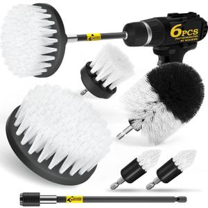 Holikme 6Pack Drill Brush Power Scrubber Cleaning Brush Extended Long Attachment Set All Purpose Drill Scrub Brushes Kit for Grout, Floor, Tub, Shower, Tile, Bathroom and Kitchen Surface White