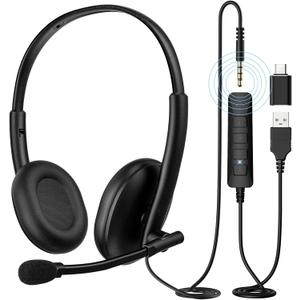 USB Headset with 290 Rotating Noise-Canceling Microphone, USB-A/Type C/ 3.5mm Wired Lightweight Office Headphone with Mute Button & Volume Control for PC, Mac, Cell Phone, Zoom Calls