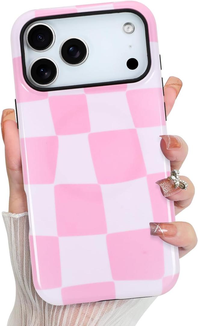 KANGHAR Compatible with iPhone 17 Pro Max Case 2025, Silicone Checkered Cute Pattern, Camera Protection Soft Slim Phone Cover for Girls Women-Pink