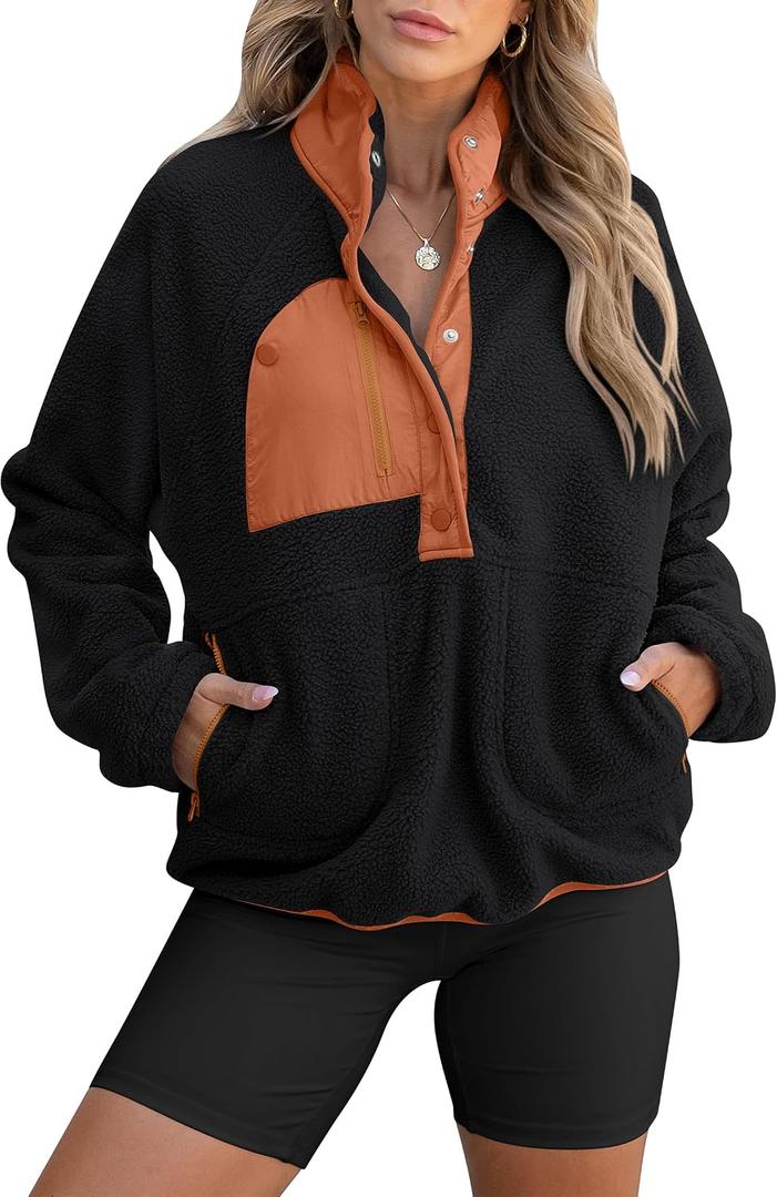 ANRABESS Women Fuzzy Fleece Pullover Sherpa Sweatshirt Long Sleeve Button Down Warm Soft Color Block Jackets with Pockets M