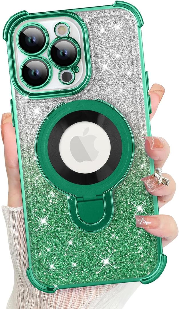 KANGHAR for iPhone 13 Pro Case, Support for MagSafe [Four Corner Cushion Series] Kickstand Electroplate Edge Shockproof Durable Full Body Protection for Girls Women -Green