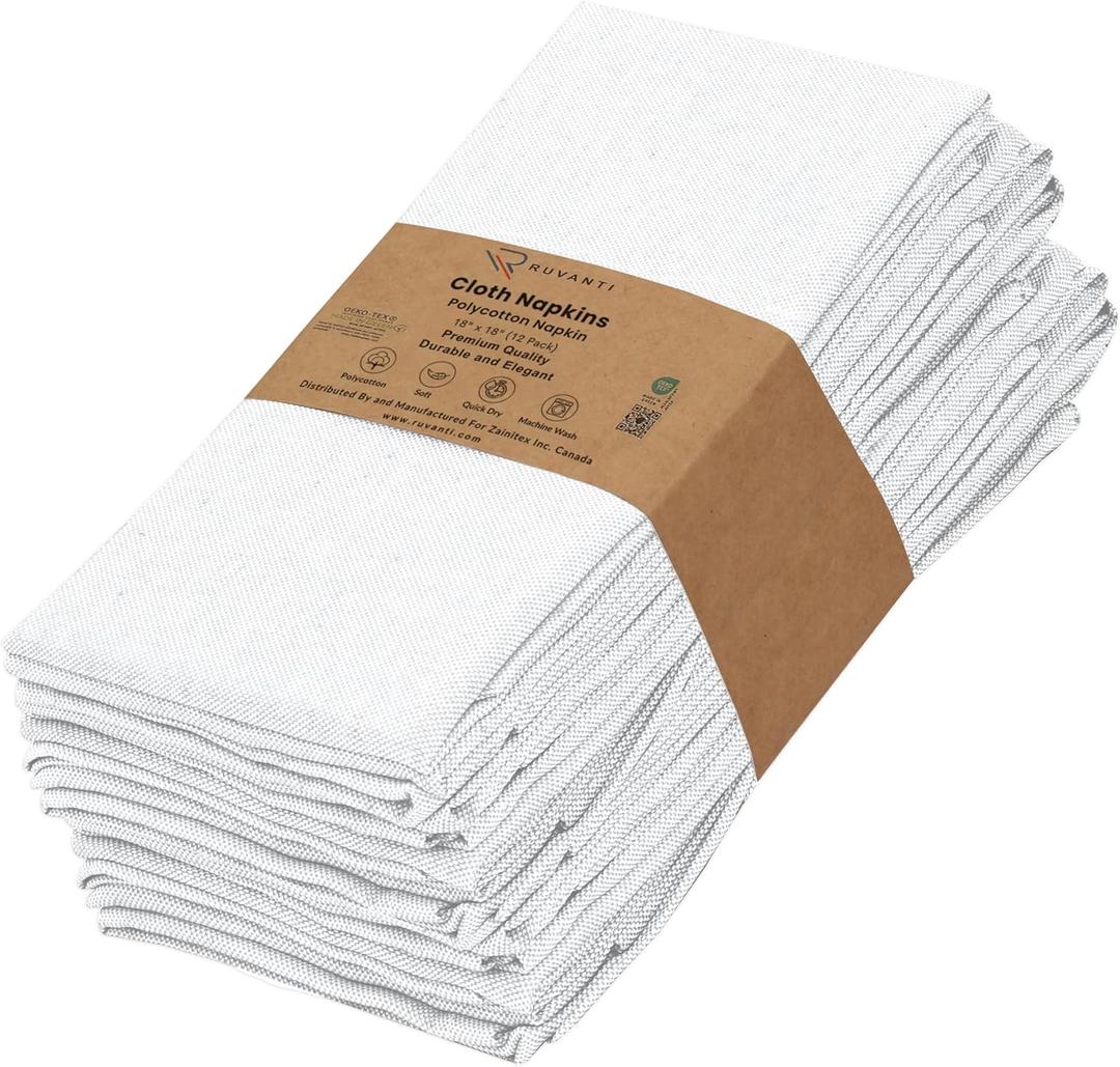 Ruvanti Cloth Napkins Set of 12, 18x18 Reusable Napkins Cloth Washable, Soft & Durable Table Napkin, Poly Cotton Fabric Dinner Napkins for Parties, Christmas, Thanksgiving, Weddings - White