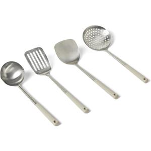 Amazon Basics Stainless Steel Cooking Utensil Set with Ladle, Spatula, Slotted Spatula and Slotted Spoon, 4-Piece Set, Soft Grip Handle, Dishwasher-Safe, Linen Gray