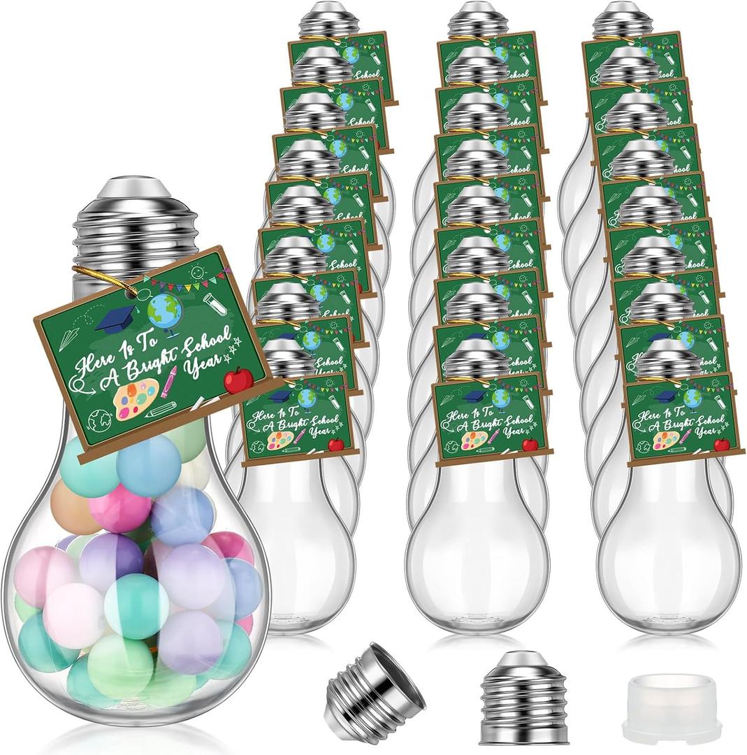 24 Pack Back to School Plastic Light Bulbs Jars with Card and String, First Day of School Gift 100 ml Light Bulb Candy Containers Clear Candy Jars Students Teachers Classroom Reward Gifts