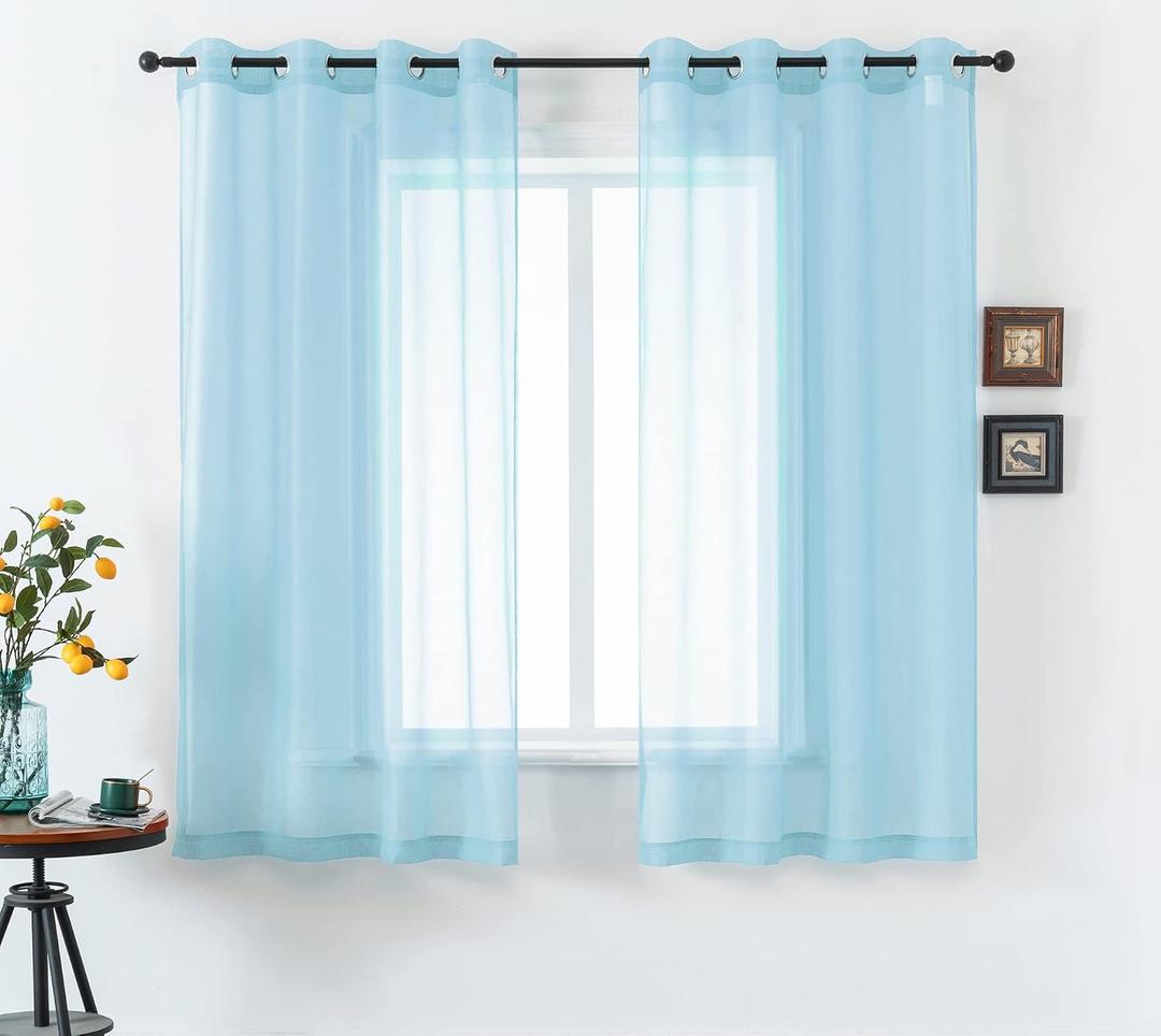 DUALIFE Sky Blue Sheer Curtains 63 Inches Length Look Semi Transparent Natural Light Flow Grommet Curtains for Bedroom and Living Room, 52 x 63 Inches, Set of 2 Panels Light Baby Blue