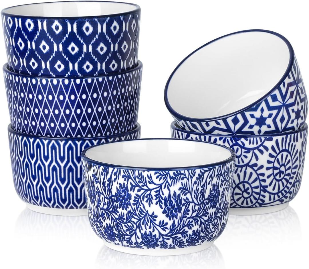 Selamica Ceramic 8 Oz Ramekins, Creme Brulee Ramekins, Oven Safe Baking Dishes/Cups for Souffle Custard Pudding, Small Bowls for Ice Cream Dip, Set of 6, Vintage Blue
