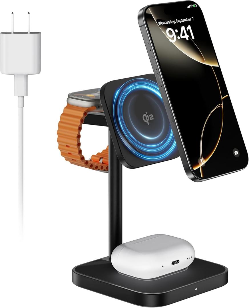 [Qi2 Certified ] LULULOOK 3 in 1 Charging Station with MagSafe, 15W QI2 Wireless Charger Stand Magnetic Charger for iPhone16/15/14/13/12 Series, AirPods Pro/3/4, Apple Watch with 30W PD Adapter (Titanium)