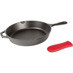Lodge 12 Inch Cast Iron Skillet with Red Silicone Hot Handle Holder  Pre-Seasoned Frying Pan for Stove, Oven, Grill & Campfire  Made in the USA  Durable, Nonstick Cast Iron Cookware  Black