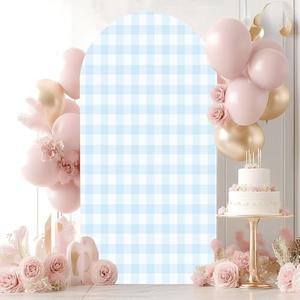 7.2FT Wedding Arch Backdrop Cover Light Blue Gingham Spandex Fitted Round Top Backdrop Stand Cover for Birthday Party Ceremony Banquet Decoration