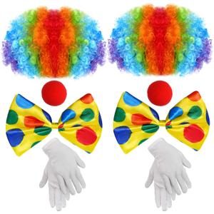 jiebor 2Pack Clown Costume Set Rainbow Clown Wig Nose Accessories Bow Tie White Gloves for Halloween Parties Carnivals Pretend Play Men Women Adults (Multicoloured)
