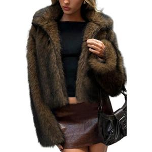ELLEVEN Women's Two-Tone Faux Fur Coat - Fluffy Winter Jacket with Lapel Collar, Hooks & Pockets (Medium, Black & Brown)