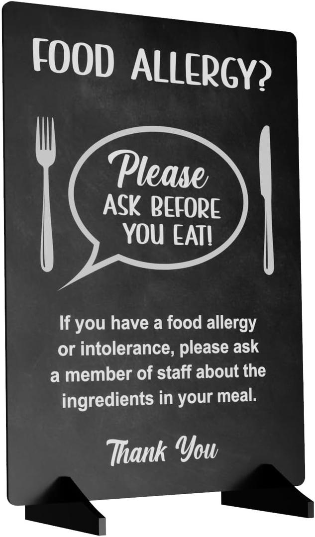 Please Ask Before You Eat, Food Allergy and Intolerance Warning Sign/Notice - A4 size, supplied with 2 black plastic feet - display this customer notice in your food establishment. (Black Effect)