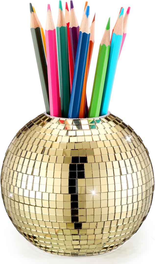 4 Inch Disco Ball Pencil Pen Holder for Desk Accessories Sequin Plastic Makeup Brush Holder Organizer Multifunctional Pencil Cup Disco Flower Vase for Home Office Classroom Decor(Gold)