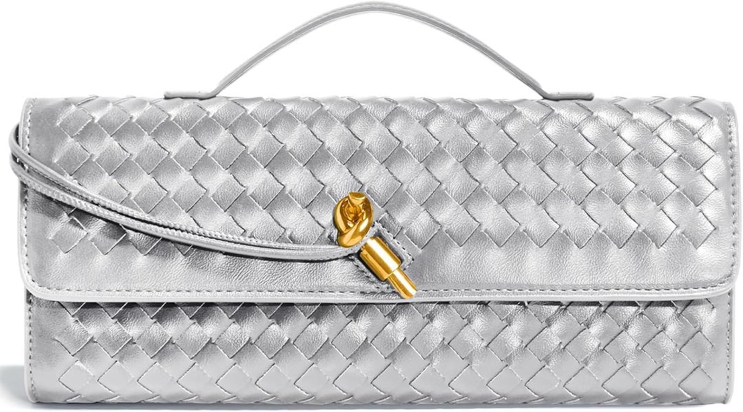 Woven Clutch Purses for Women, Formal Satchel Leather Evening Bag Shoulder Handbag (Silver)