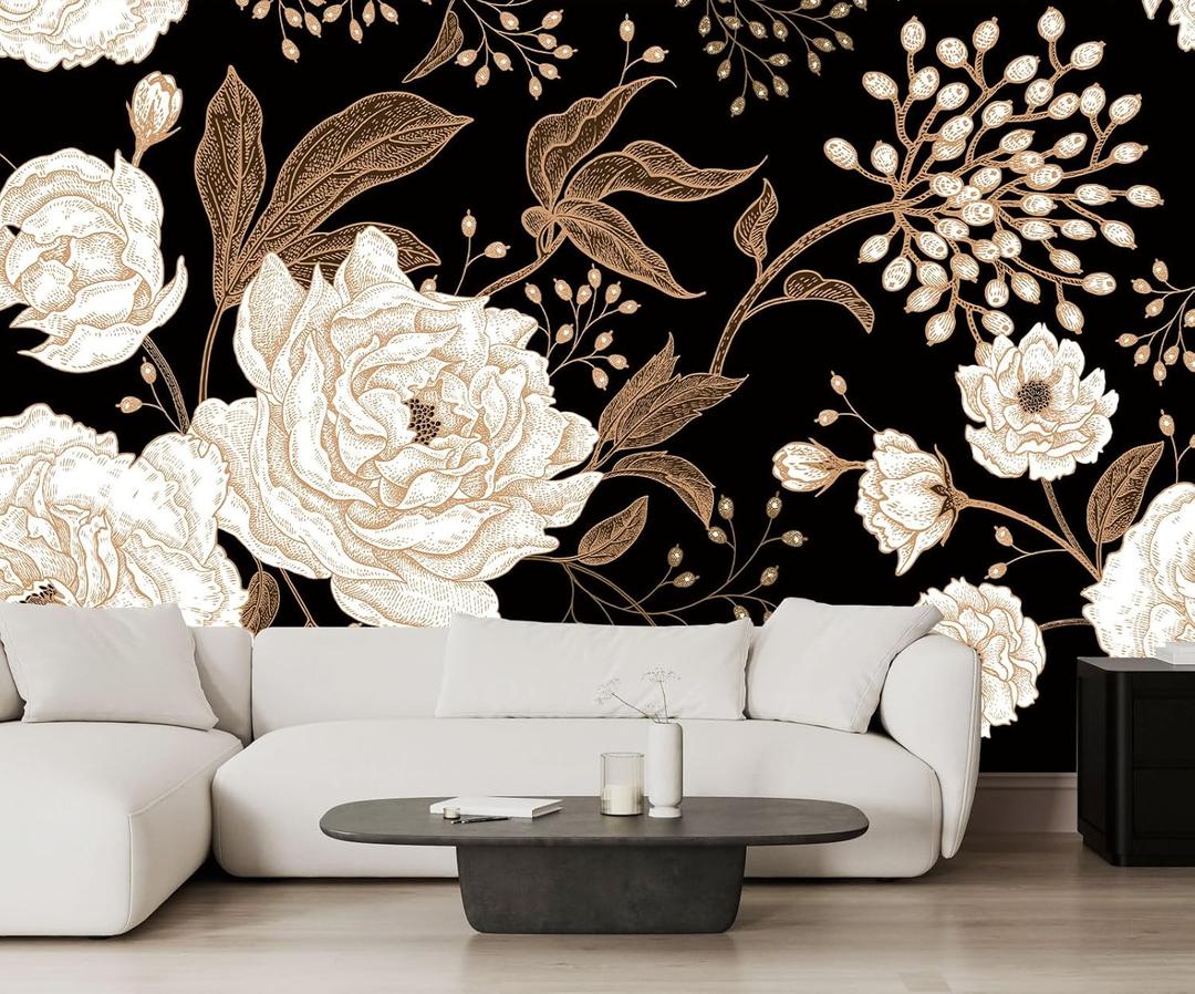 Vintage White Rose Floral Wallpaper Peony Wall Mural Large Black Background Wall Decor for Living Room Bedroom Dining Room Basement(Not Self-Adhesive) (127" x 77", 249)