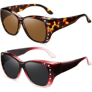 Wzerry Sunglasses Fit Over Glasses for Women, Retro Over Prescription Glasses Polarized UV 400 Protection with Rhinestone (Brown Tortoise/Brown + Gradient Red/Grey)