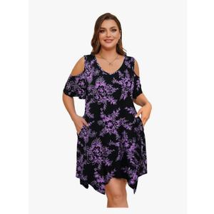 LARACE Womens Summer Casual T Shirt Dresses Cold Shoulder Flowy Dress with Pockets 5XL