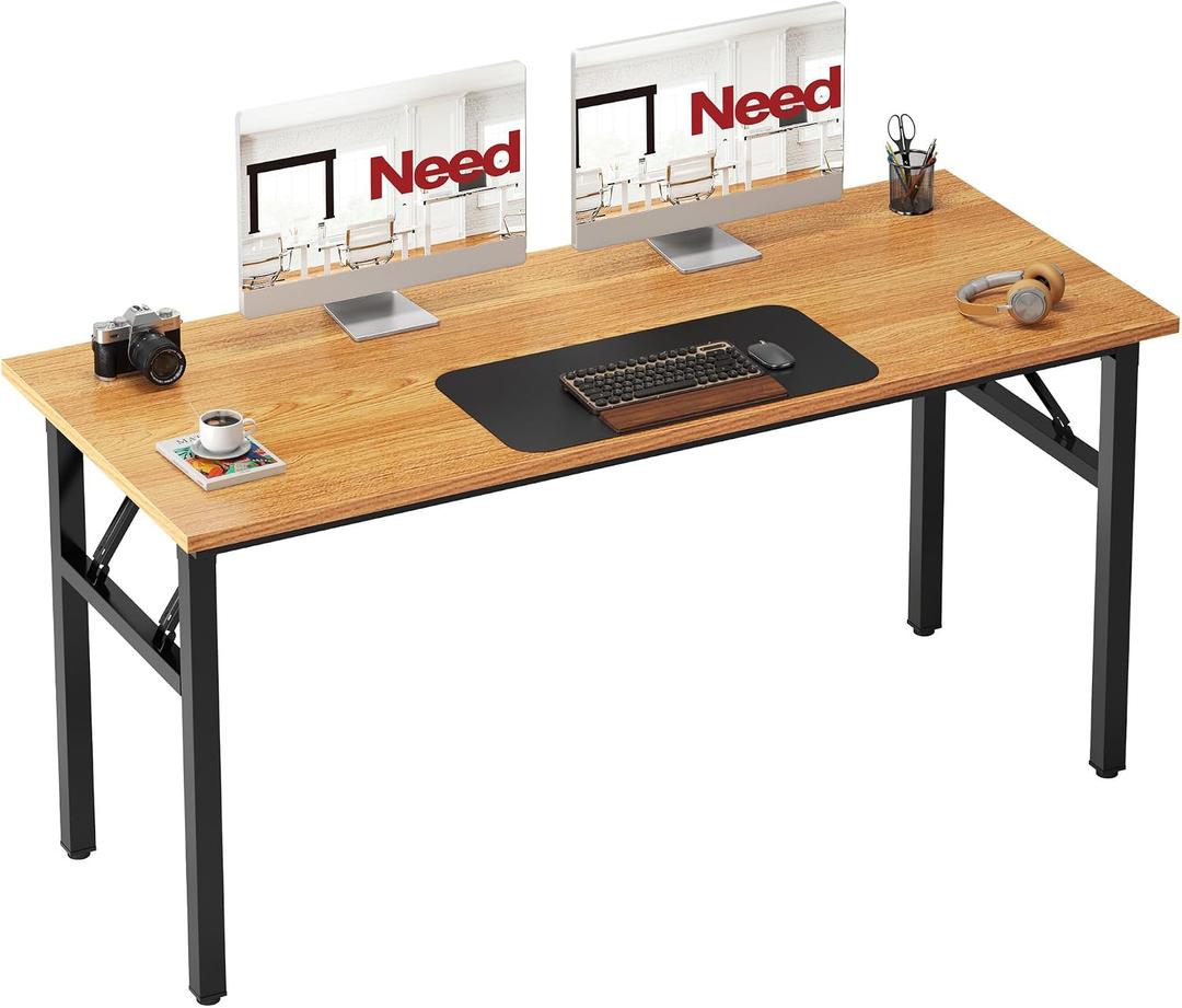 Need Office Computer Desk - 54.3L Sturdy and Heavy Duty Folding Laptop Table, Writing Table Home Office Desk, No Assembly Required Teak&Black