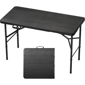 4Ft Folding Table Portable Folding Tables Heavy Duty 400 lbs Capacity, Wood Grain Tabletop for Working Meeting Parties, Picnic, Camping, Weddings, Garden Dining-Black (4FT)