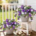 Ammyoo 4 Pcs Artificial Fake Petunia Flowers for Outdoor Decoration, Faux Silk Petunias Flower for Spring UV Resistant No Fade Realistic Plants for Garden Balcony Yard Porch Indoor Decor(Purple White)
