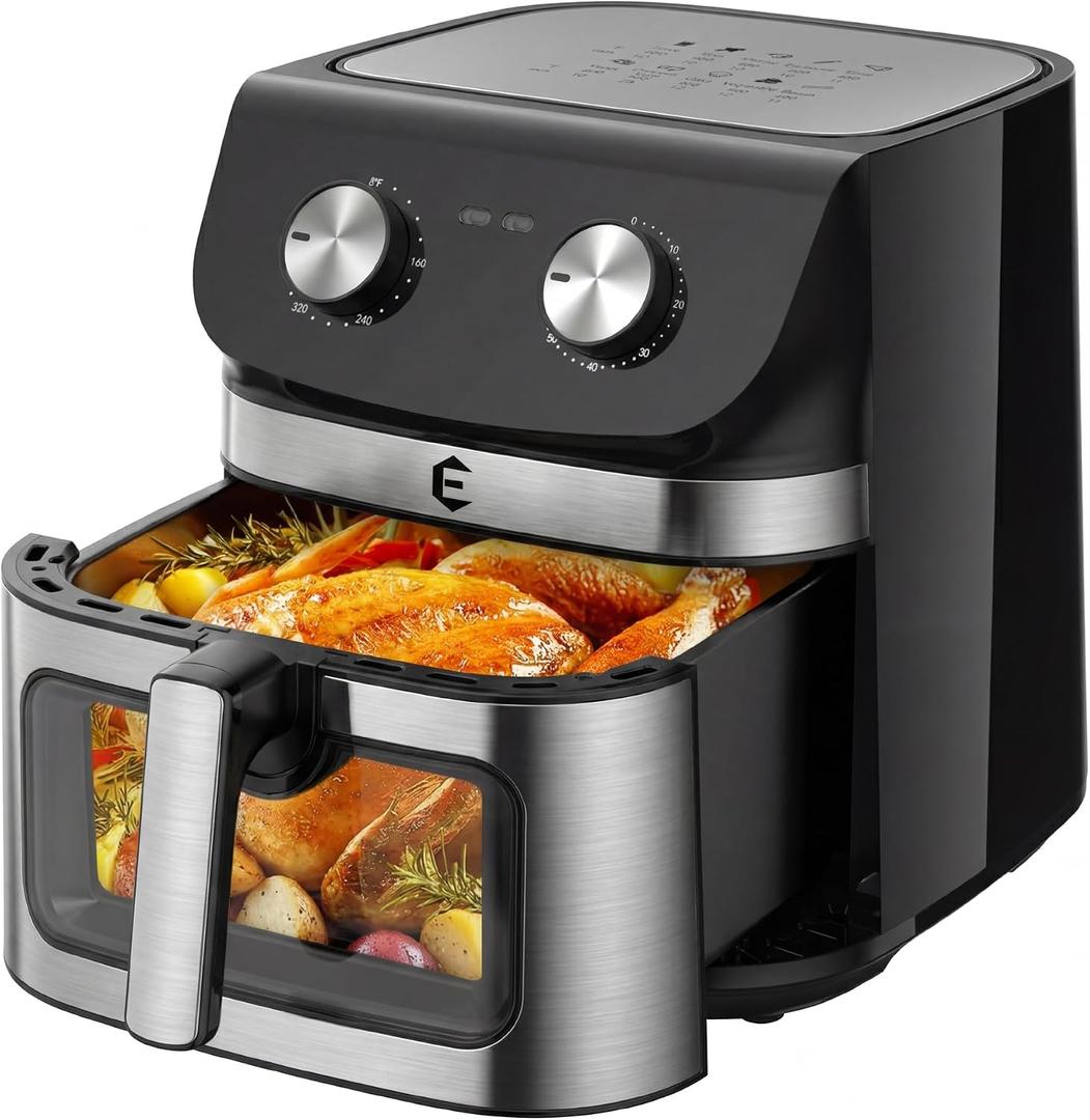 9.5Qt Large Air Fryer Oven, Airfryer Toaster Oven Combo, Non Toxic Stainless Steel Air Fryer with Window, XL Capacity Basket Style Airfryer for Family, Easy Dual Knob Control, Black, 9.5 Quart