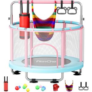 55" Toddler Mini Trampoline for Kids, Indoor Outdoor Toys with Swing, 440lbs Baby Kids Trampoline, Gymnastics Bar, Birthday Gifts for Boy Girl Age 1-8 (Pink-Blue)