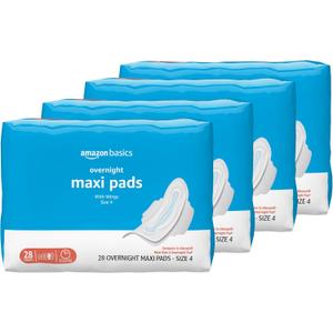 Amazon Basics Thick Maxi Pads with Wings for Periods, Overnight Absorbency, Feminine Pads, Unscented, Size 4, 112 Count (4 Packs of 28)