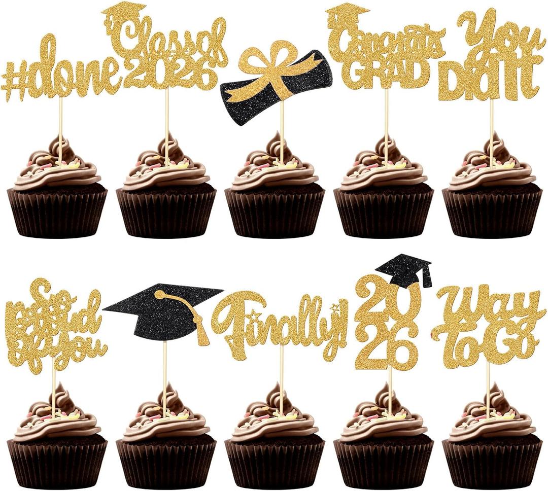 100 Pcs Graduation Cupcake Toppers Congrats Grad Class of 2025 Graduation Cupcake Picks Toppers Diploma Supplies for Party Decorations (Gold)