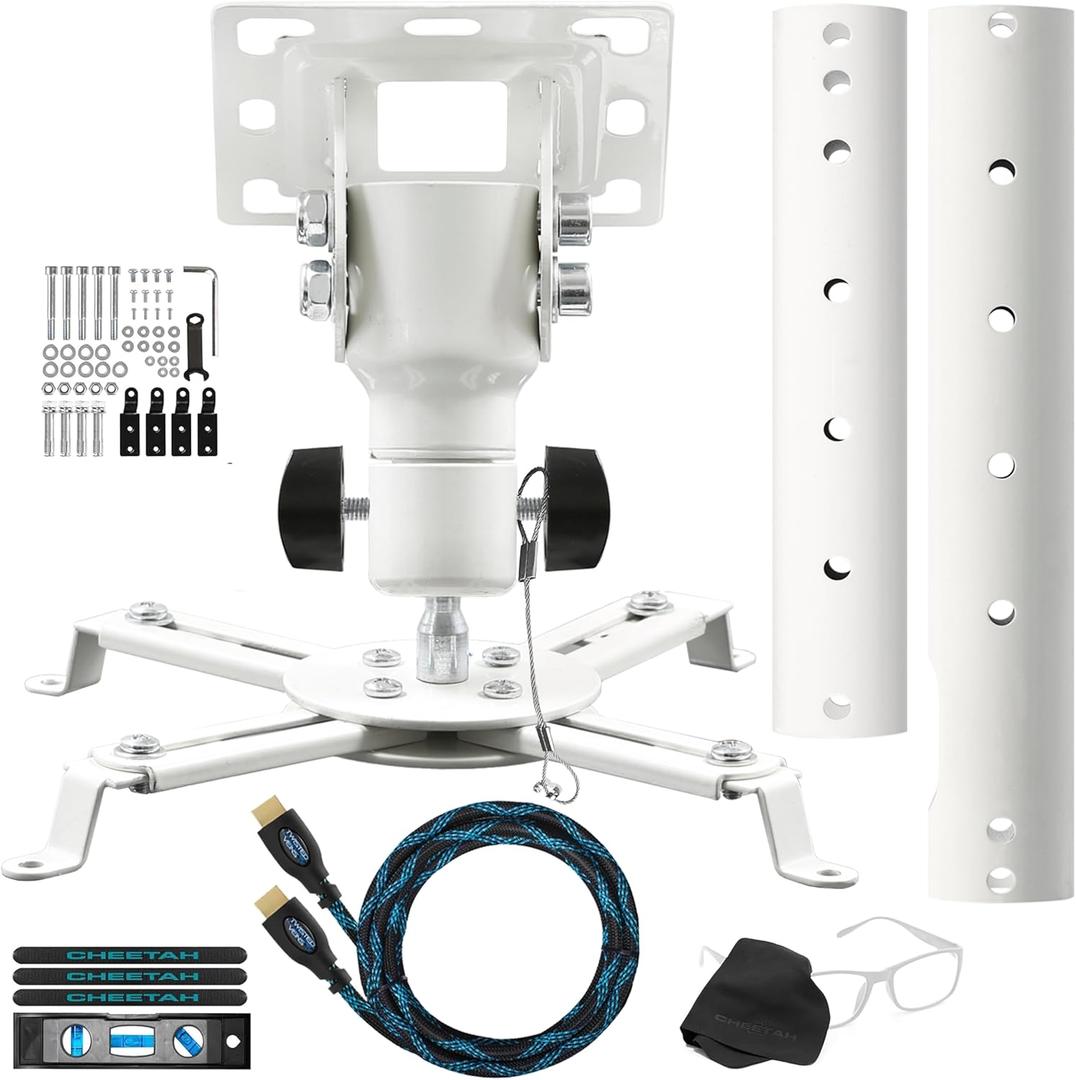 Cheetah Projector Ceiling Mount 27" Adjustable Height, Universal Arms, incudes 15 ft HDMI Cable, Extendable Arms Fit Most Home and Office Projectors up to 40 lbs, White (APMEW)