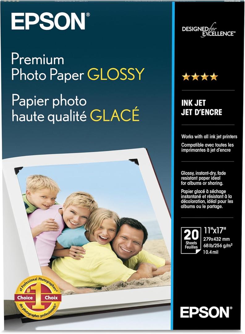 Epson Premium Photo Paper GLOSSY (11x17 Inches, 20 Sheets) (S041290),White