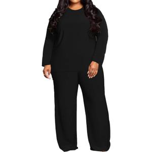 TOPSRANI Womens Plus Size Lounge Set Crewneck 2 Piece Outfits Sweatsuits Tracksuit Long Sleeve Baggy Wide Leg Pant Sets with Pockets (Black 5XL)