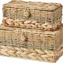 2PCS Wicker Storage Baskets with Lids Decorative Bohemian Handmade Rattan Boxes Natural Water Hyacinth Seagrass Paper Rope Woven Bins Shelf Container Memory Keepsake Photo Makeup Organizer (Set of 2 ( 1 Large 1 Small ))
