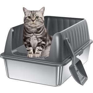 Stainless Steel Litter Box Enclosed Cat Litter Box with High Sided Lid Odor Control Non-Stick Easy Clean Low Entry Anti-Tracking Litter Box for Kittens & Small Cats